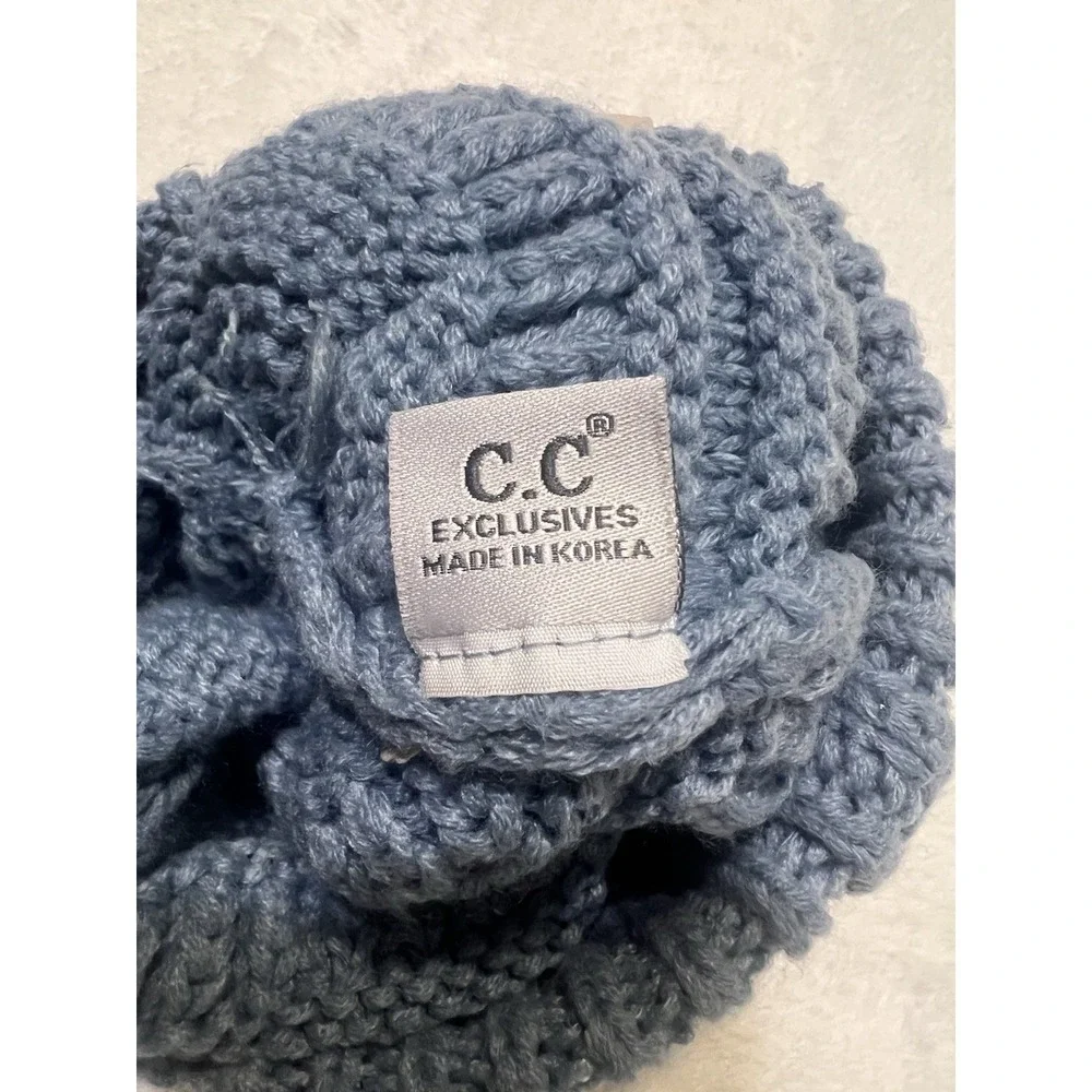 C.C Kids' Babies' Girls Soft Stretch Cable Knit Pom Pom Beanie Hat Pale Blue